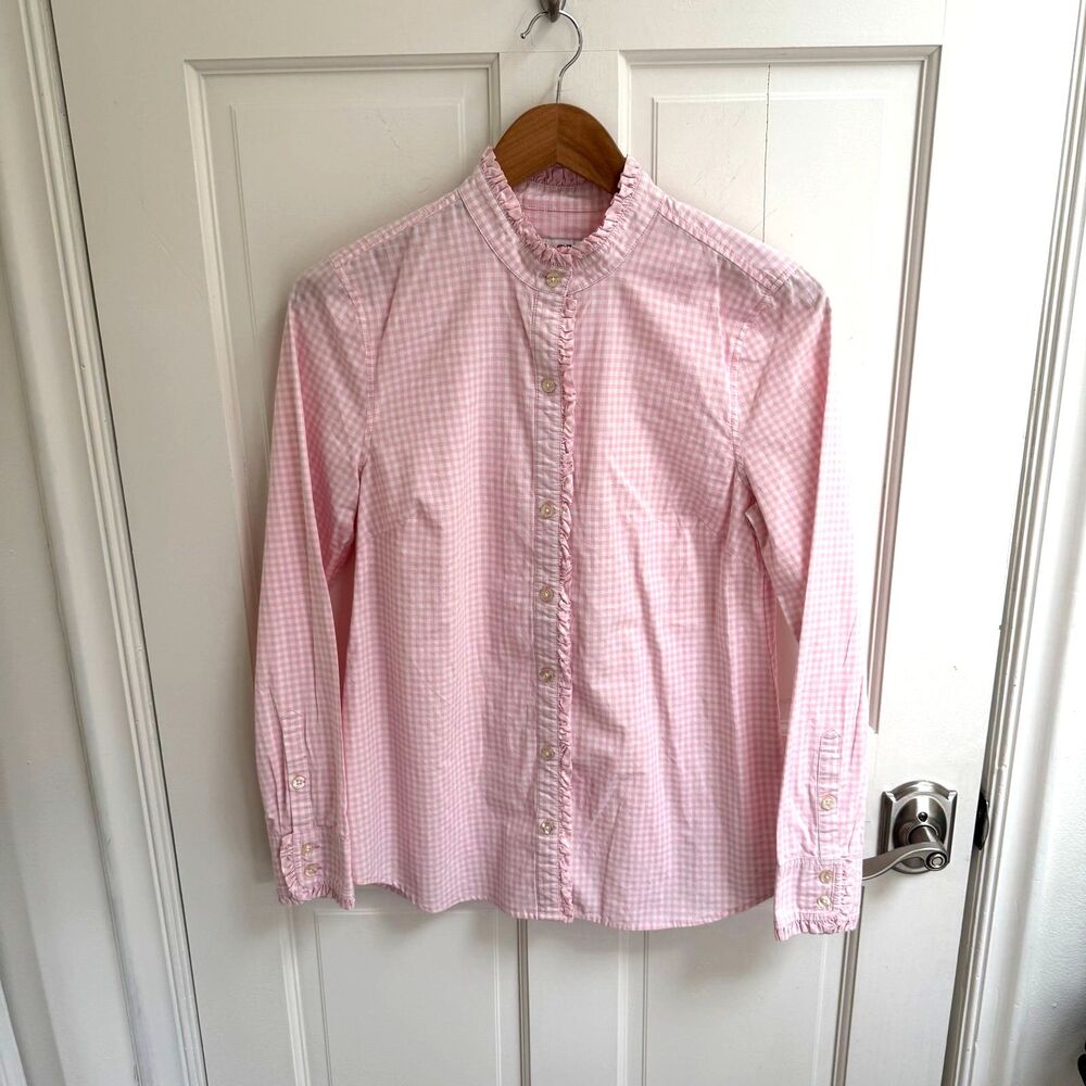 Vineyard Vines Women's Holiday Gingham Ruffled Button Down Shirt in Flamingo